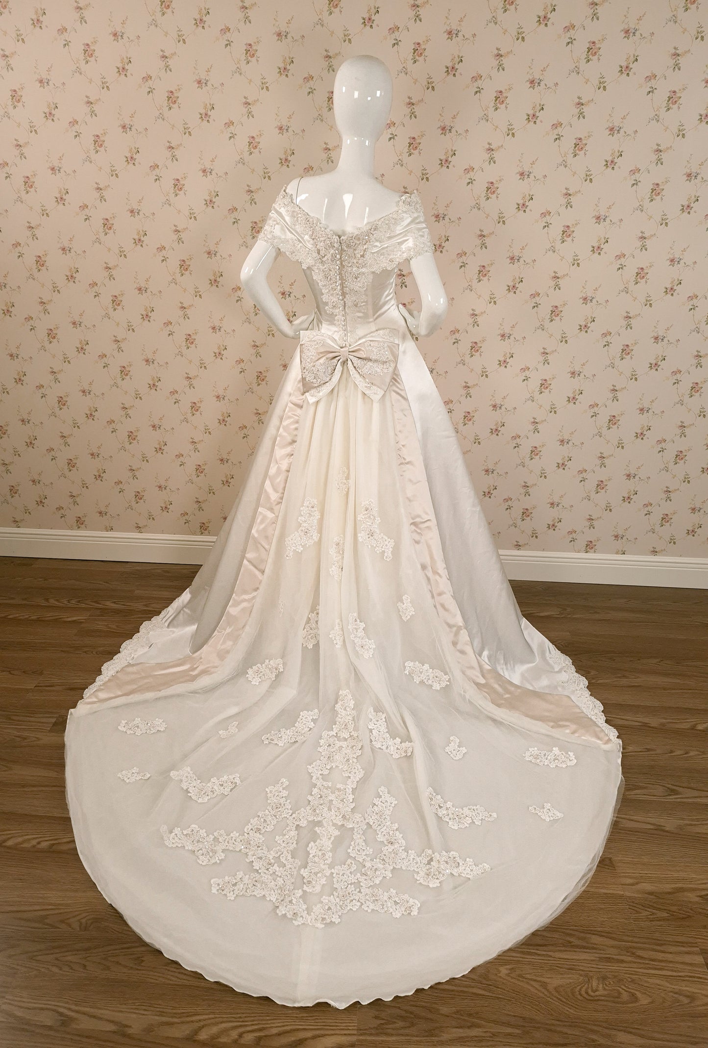 1990s Duchesse Satin Beaded Ribbon Rose Wedding Dress & Chapel Train size 8/10 littlerosebridal.com