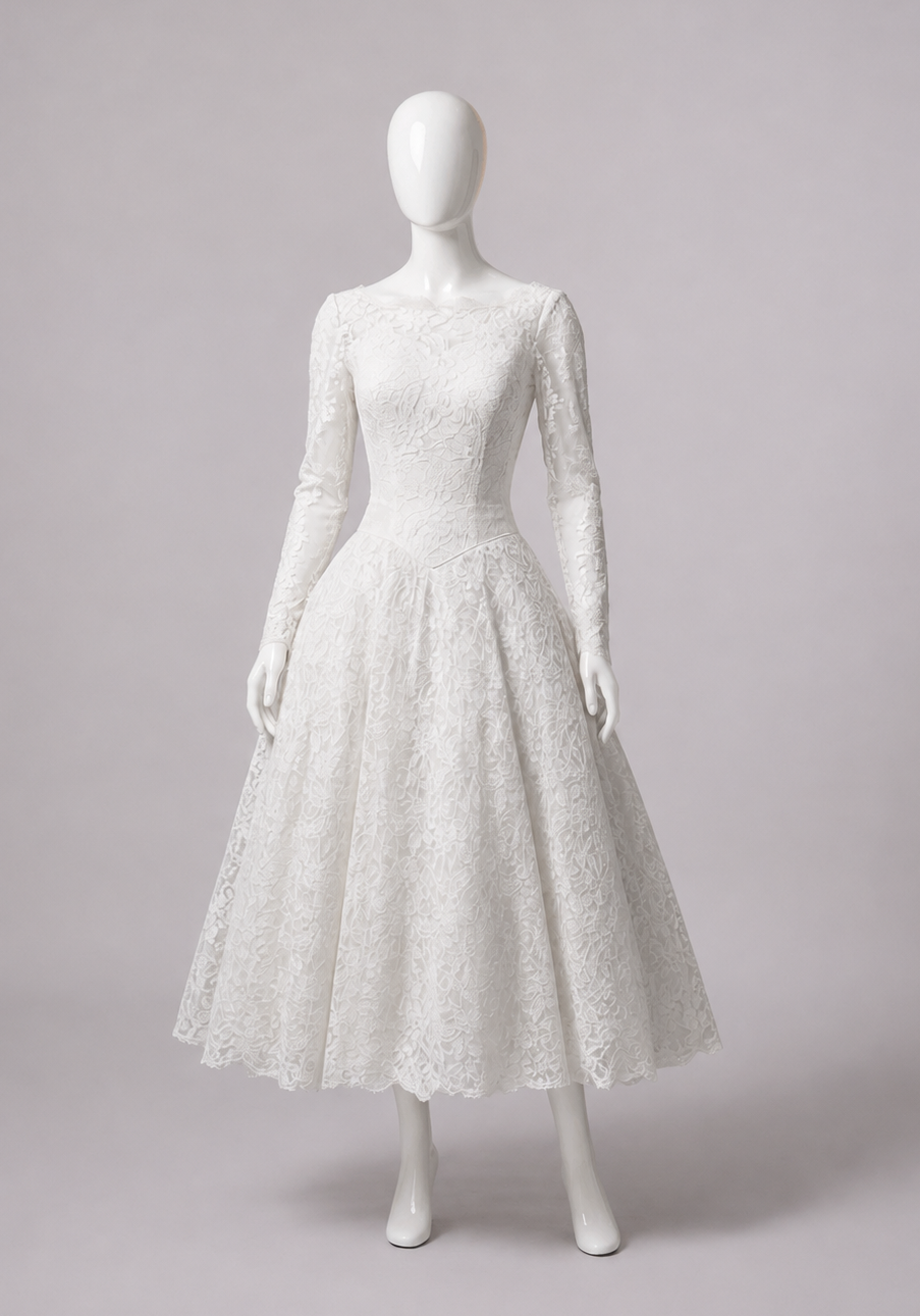 1950s Lace Tea-Length Wedding Dress w/Long Sleeves