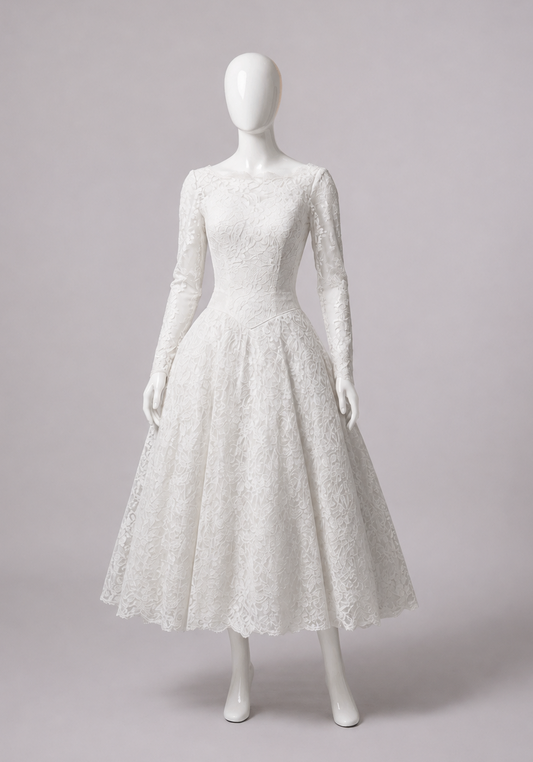 1950s Lace Tea-Length Wedding Dress w/Long Sleeves