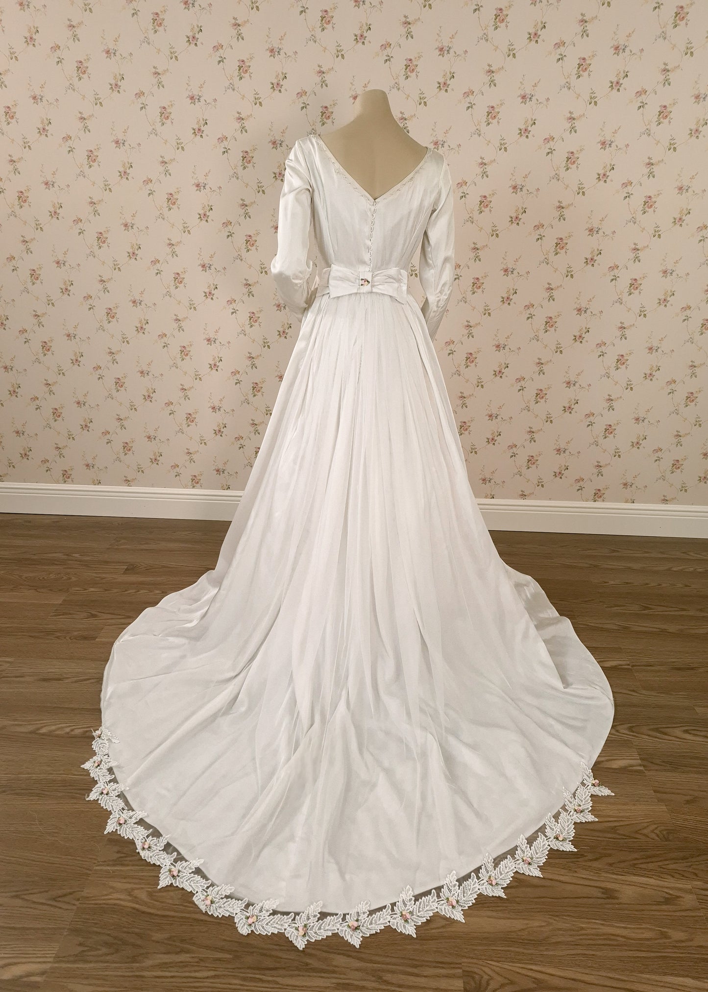 1950s "Cottage Romance" Reimagined Satin Wedding Gown, Silk Cording & Trailing Train Size 6/8 by littlerosebridal.com