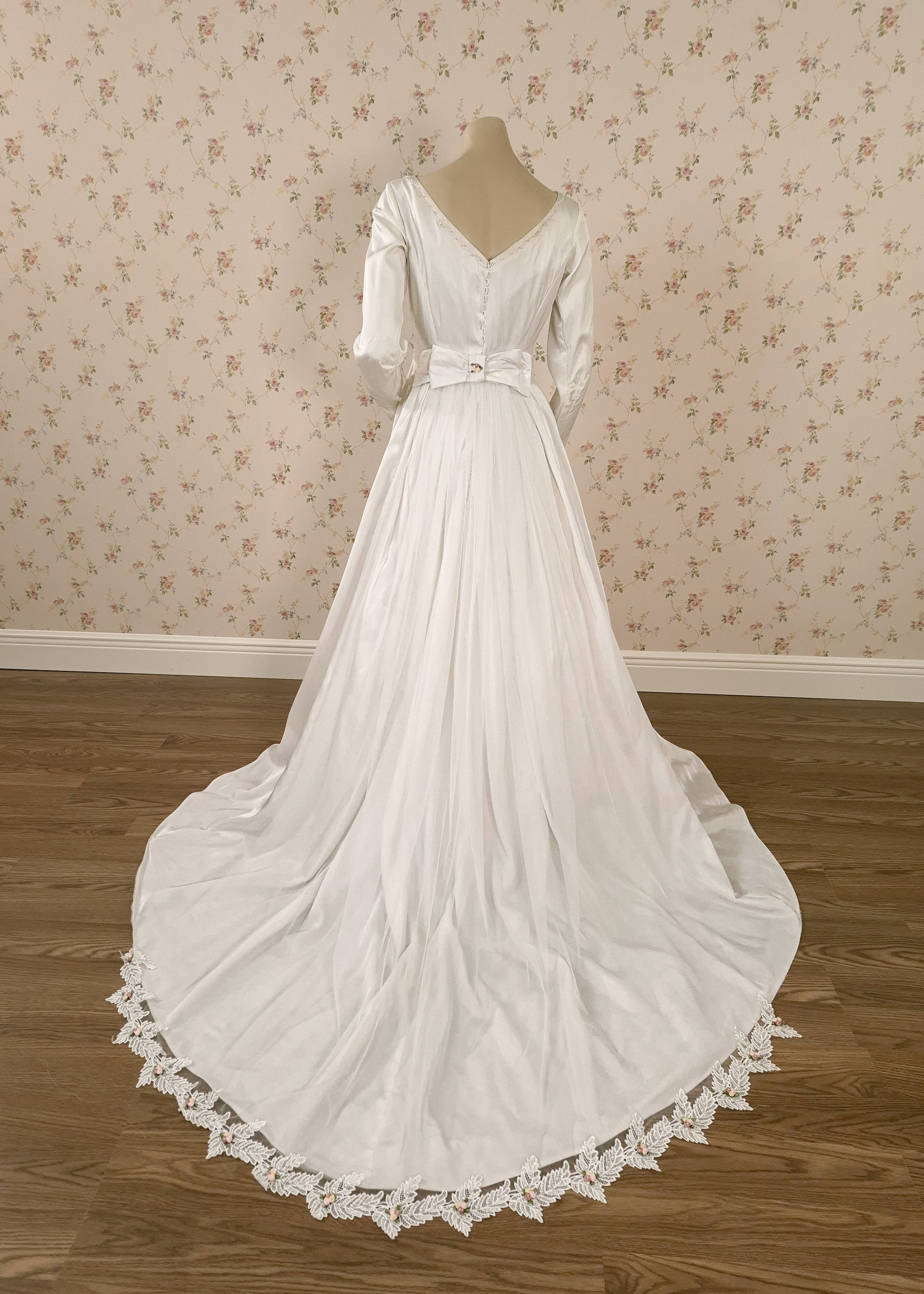 1950s "Cottage Romance" Reimagined Satin Wedding Gown, Silk Cording & Trailing Train Size 6/8 by littlerosebridal.com
