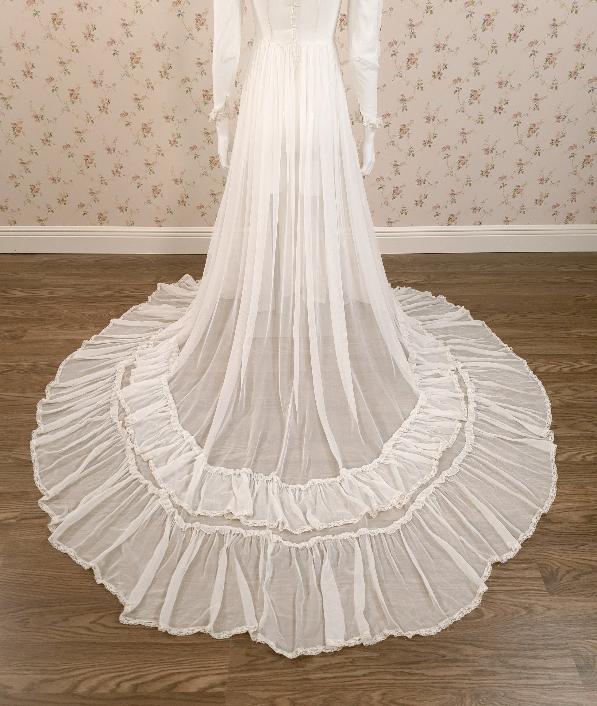 1940s Silk Georgette Sheer Wedding Dress W/Trailing Train - Little Rose Bridal