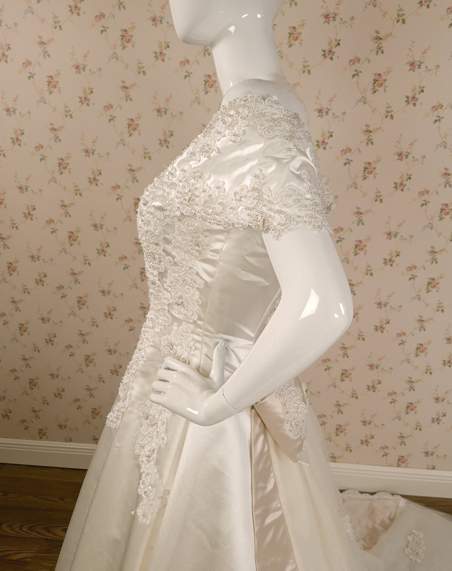 1990s Duchesse Satin Beaded Ribbon Rose Wedding Dress & Chapel Train size 8/10 littlerosebridal.com