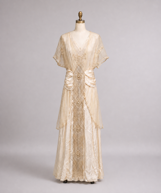 1910 Edwardian Beaded Silk Satin & Chiffon Wedding Gown
