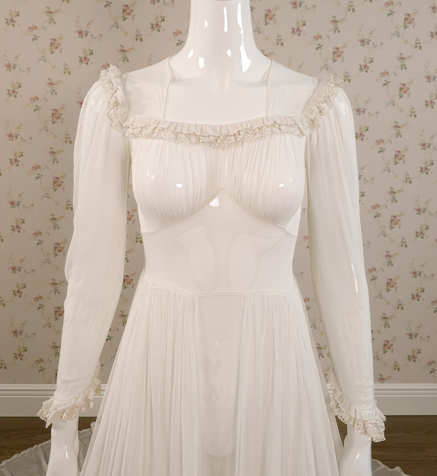 1940s Silk Georgette Sheer Wedding Dress W/Trailing Train - Little Rose Bridal