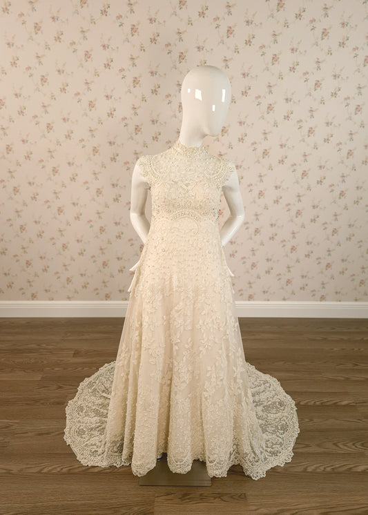 1960s Empire Waist Gown, Swiss Beaded Venice Lace Wedding Dress W/Trailing Train Sz 0/2