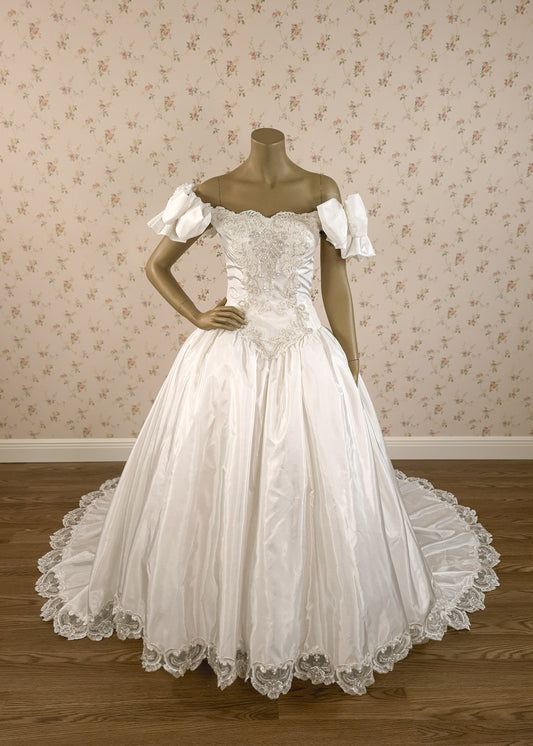 1990s Off-The-Shoulder Beaded Taffeta Satin Wedding Dress, W/Cathedral Train Sz 2/4