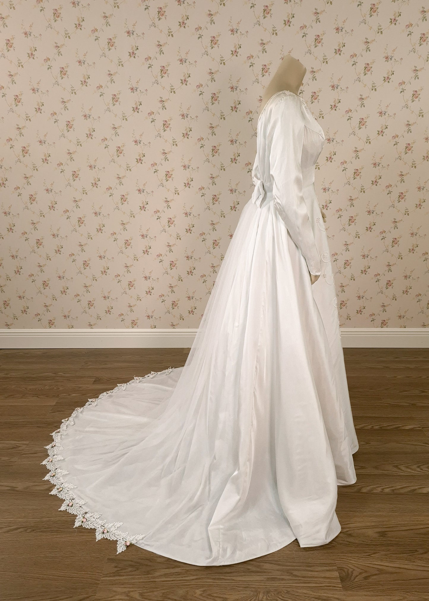 1950s "Cottage Romance" Reimagined Satin Wedding Gown, Silk Cording & Trailing Train Size 6/8 by littlerosebridal.com