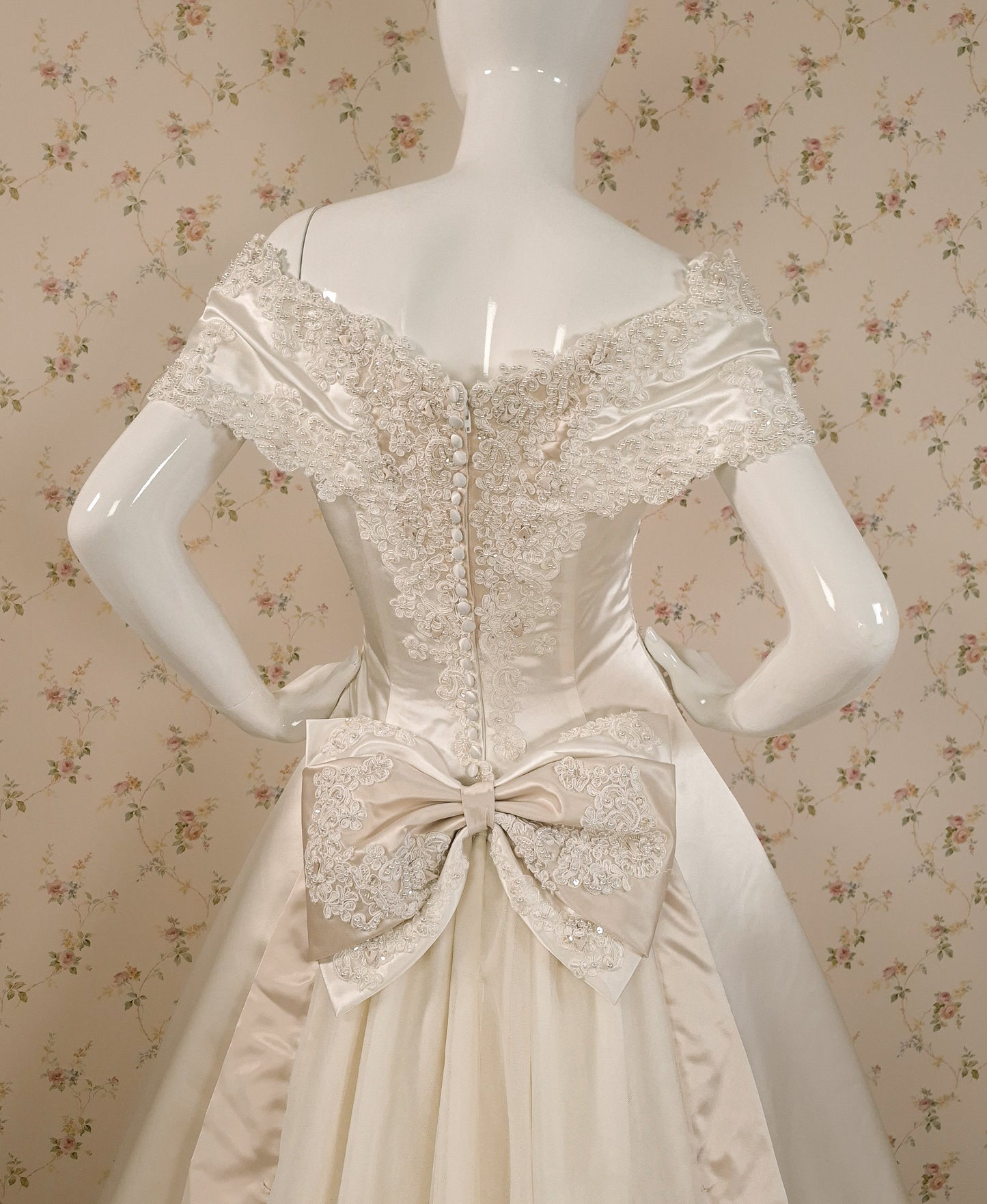 1990s Duchesse Satin Beaded Ribbon Rose Wedding Dress & Chapel Train size 8/10 littlerosebridal.com
