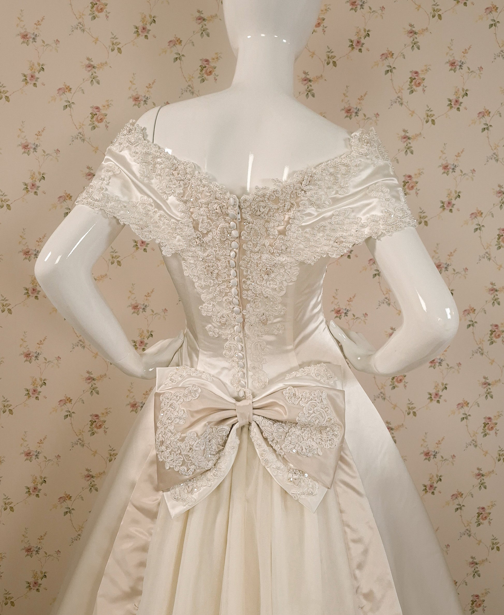 1990s Duchesse Satin Beaded Ribbon Rose Wedding Dress & Chapel Train size 8/10 littlerosebridal.com