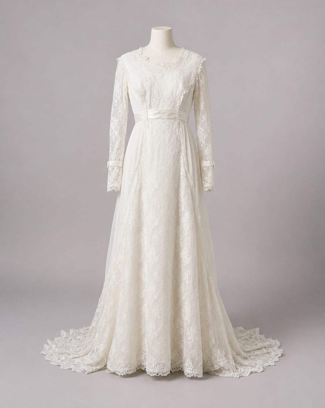 1960s Empire-Waist Silk Organza & Chantilly Lace Wedding Gown w/Chapel Train
