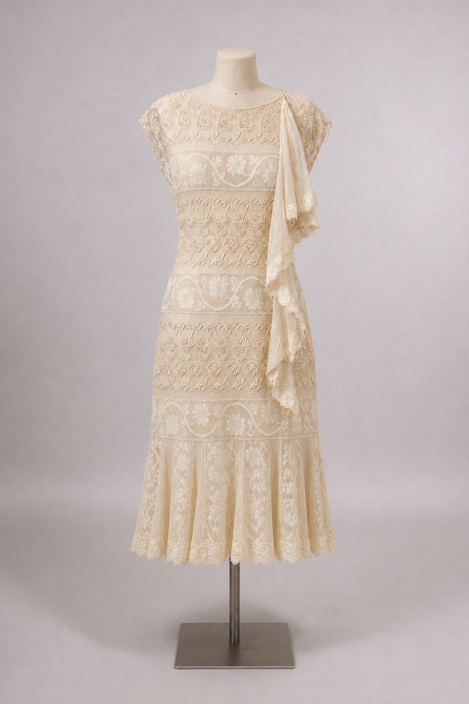 1920s Embroidered Silk Net & Lace Dress w/Flounce Side Ruffle