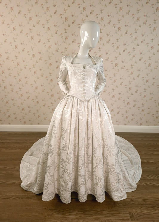 1990s Demetrios Wedding Dress, 18th C. Inspired Silk Brocade Gown w/Chapel Train, Size 8/10