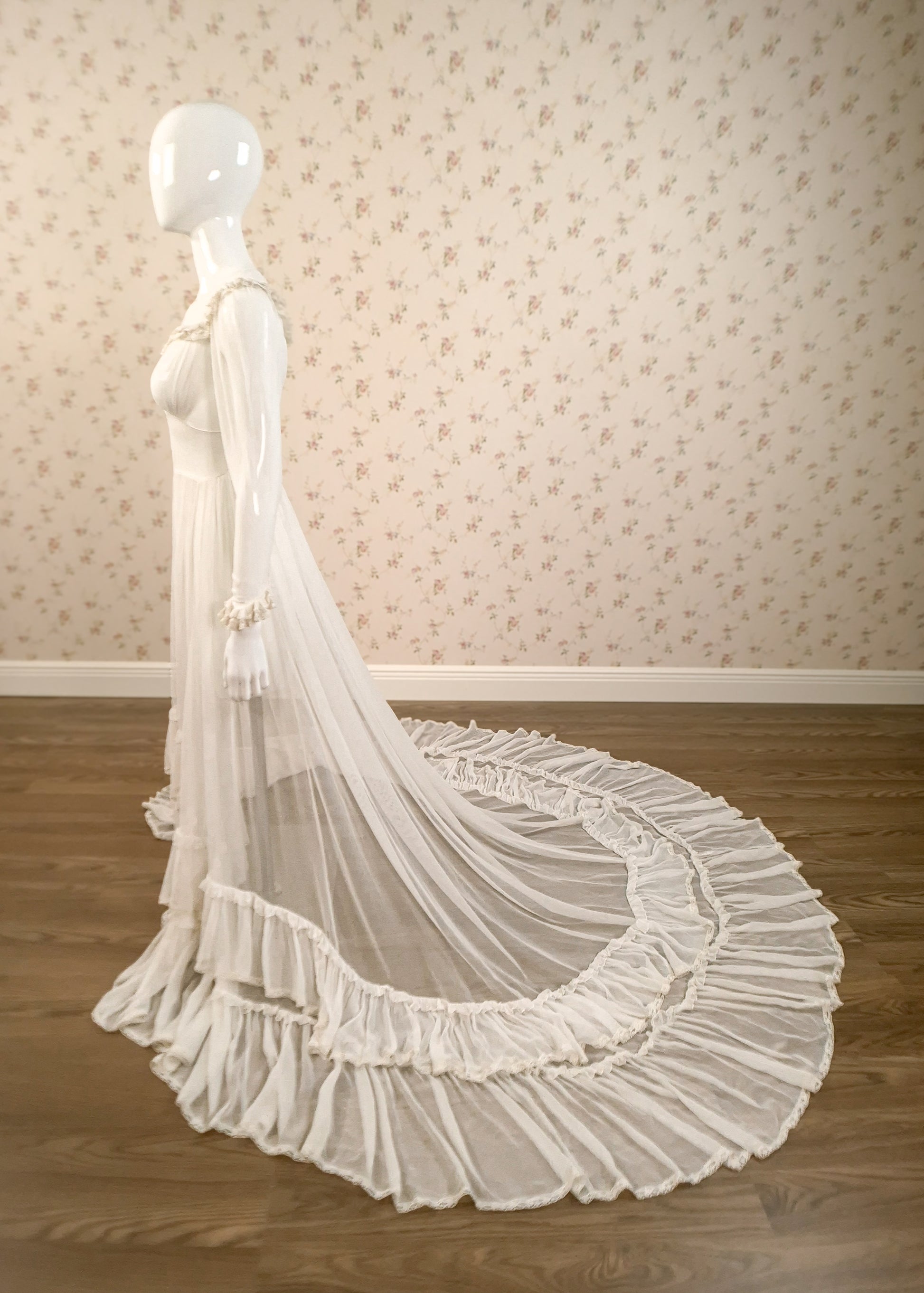 1940s Silk Georgette Sheer Wedding Dress W/Trailing Train - Little Rose Bridal
