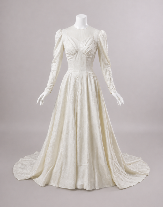 1940s Damask Faille Wedding Gown w/Trailing Train