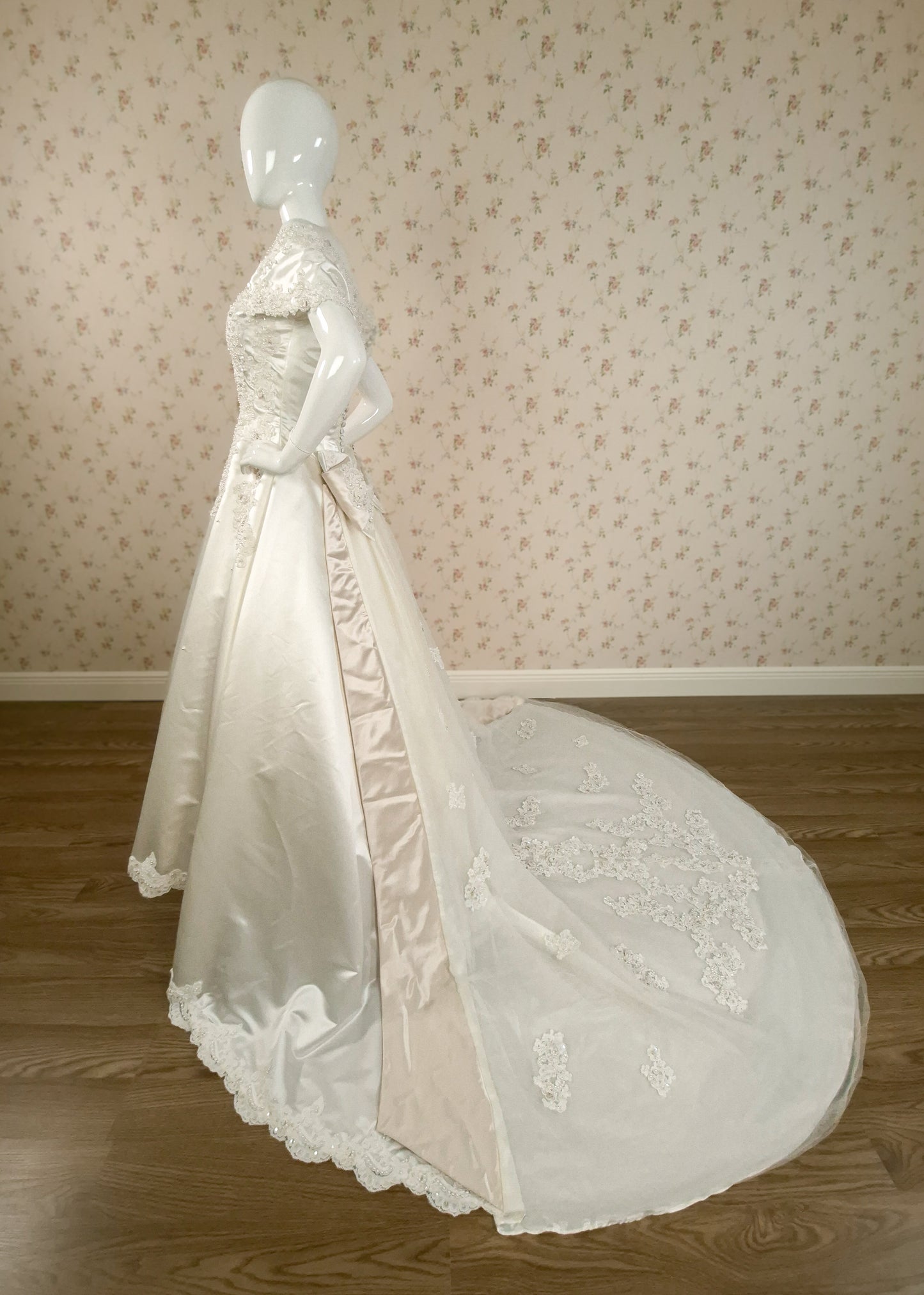 1990s Duchesse Satin Beaded Ribbon Rose Wedding Dress & Chapel Train size 8/10 littlerosebridal.com