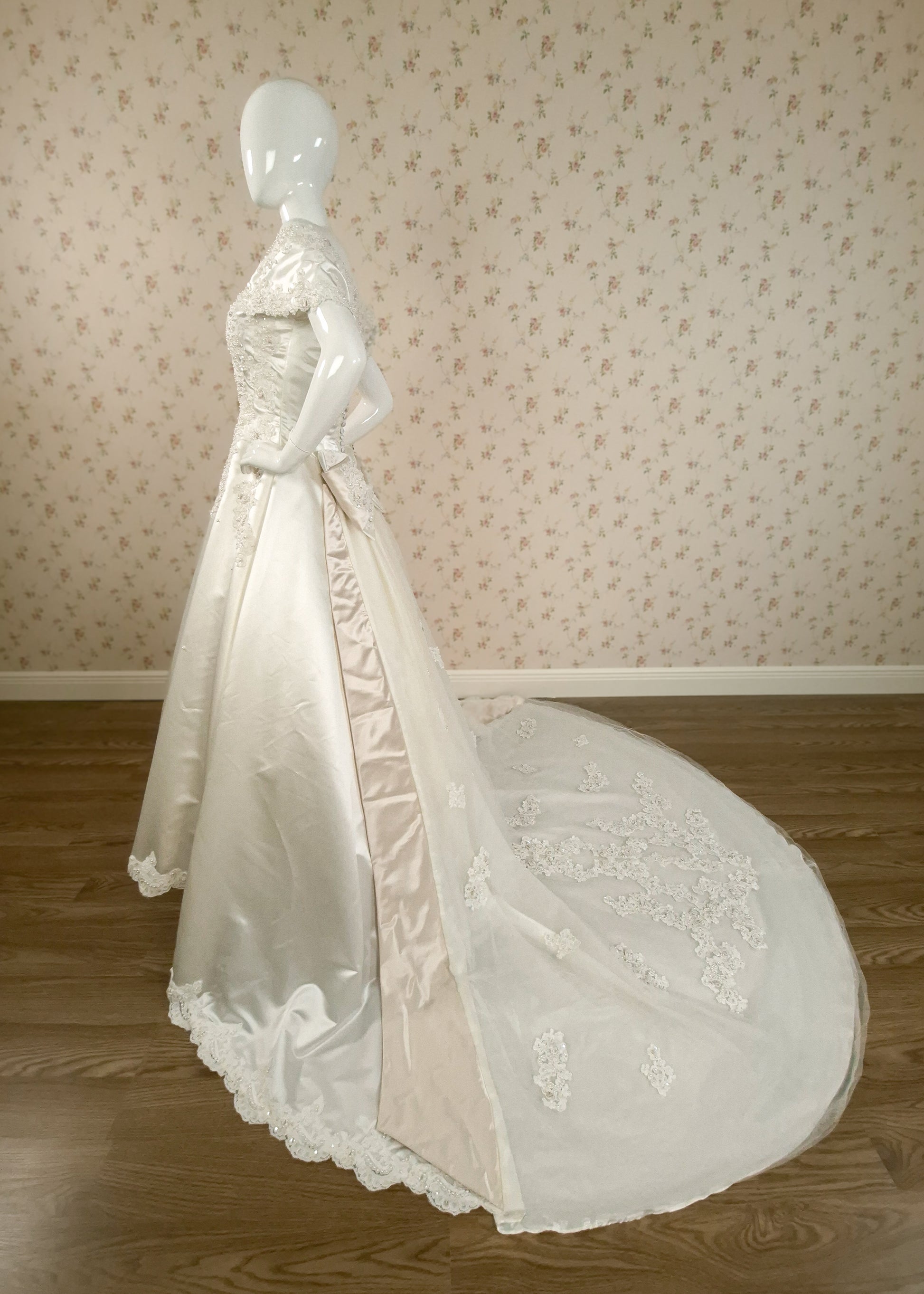 1990s Duchesse Satin Beaded Ribbon Rose Wedding Dress & Chapel Train size 8/10 littlerosebridal.com