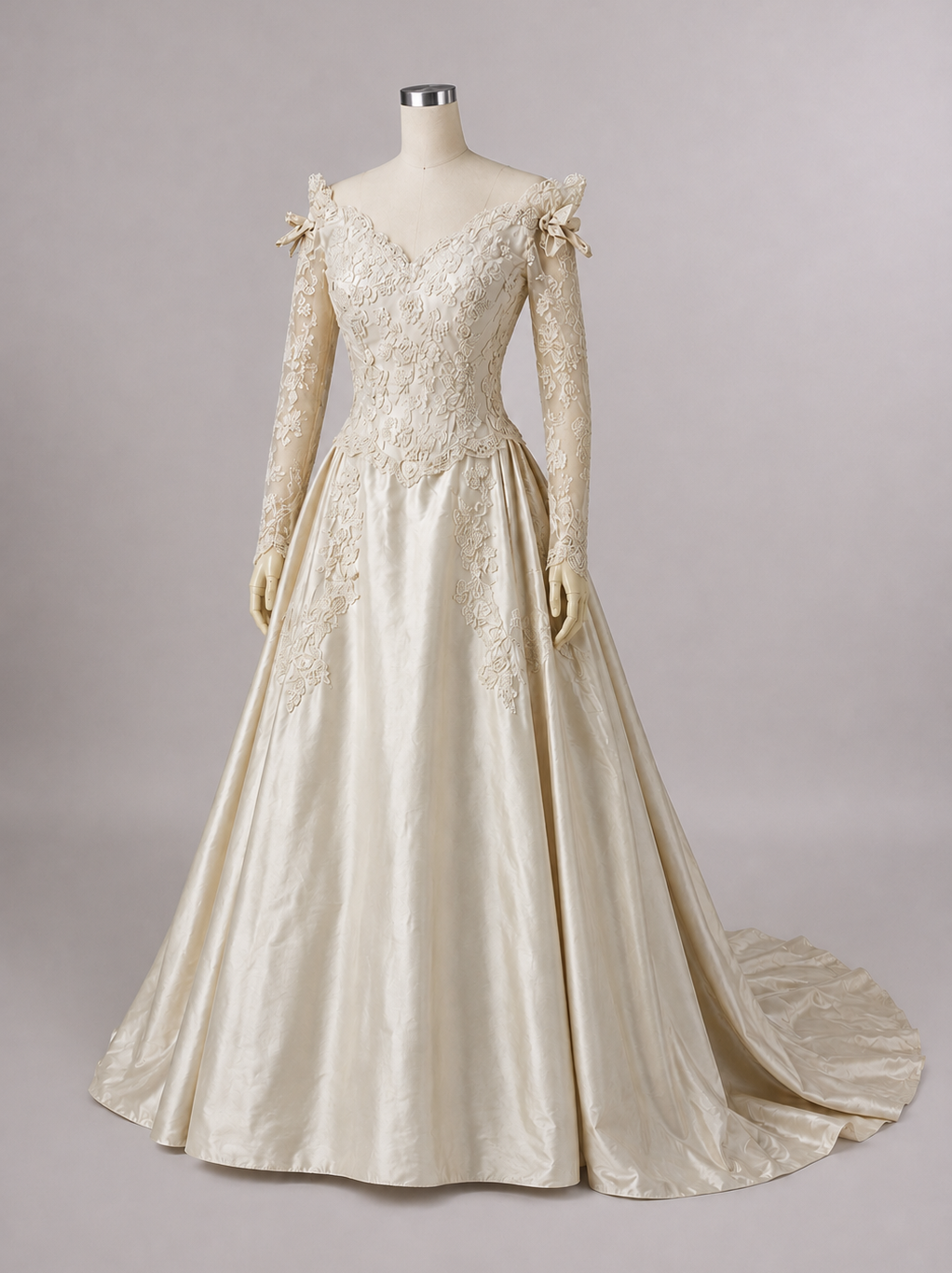 1990s Ivory Silk Duchesse Satin Wedding Dress w/Beaded Corded Lace & Trailing Train
