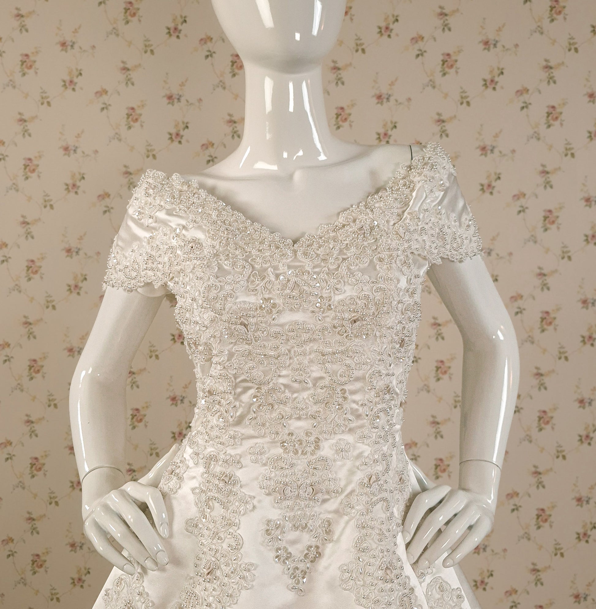 1990s Duchesse Satin Beaded Ribbon Rose Wedding Dress & Chapel Train size 8/10 littlerosebridal.com