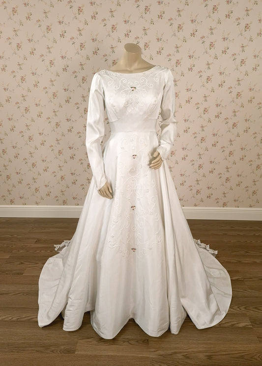 1950s "Cottage Romance" Reimagined Satin Wedding Gown, Silk Cording & Trailing Train Size 6/8