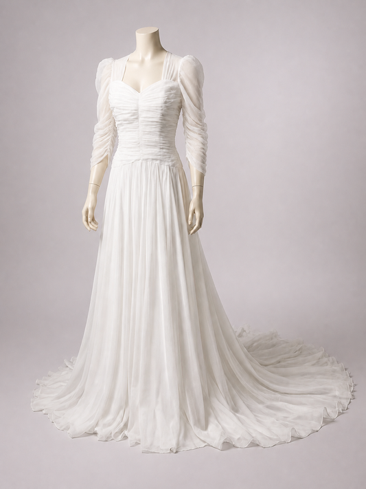 1940s Ruched Silk Mesh Wedding Gown w/Trailing Train
