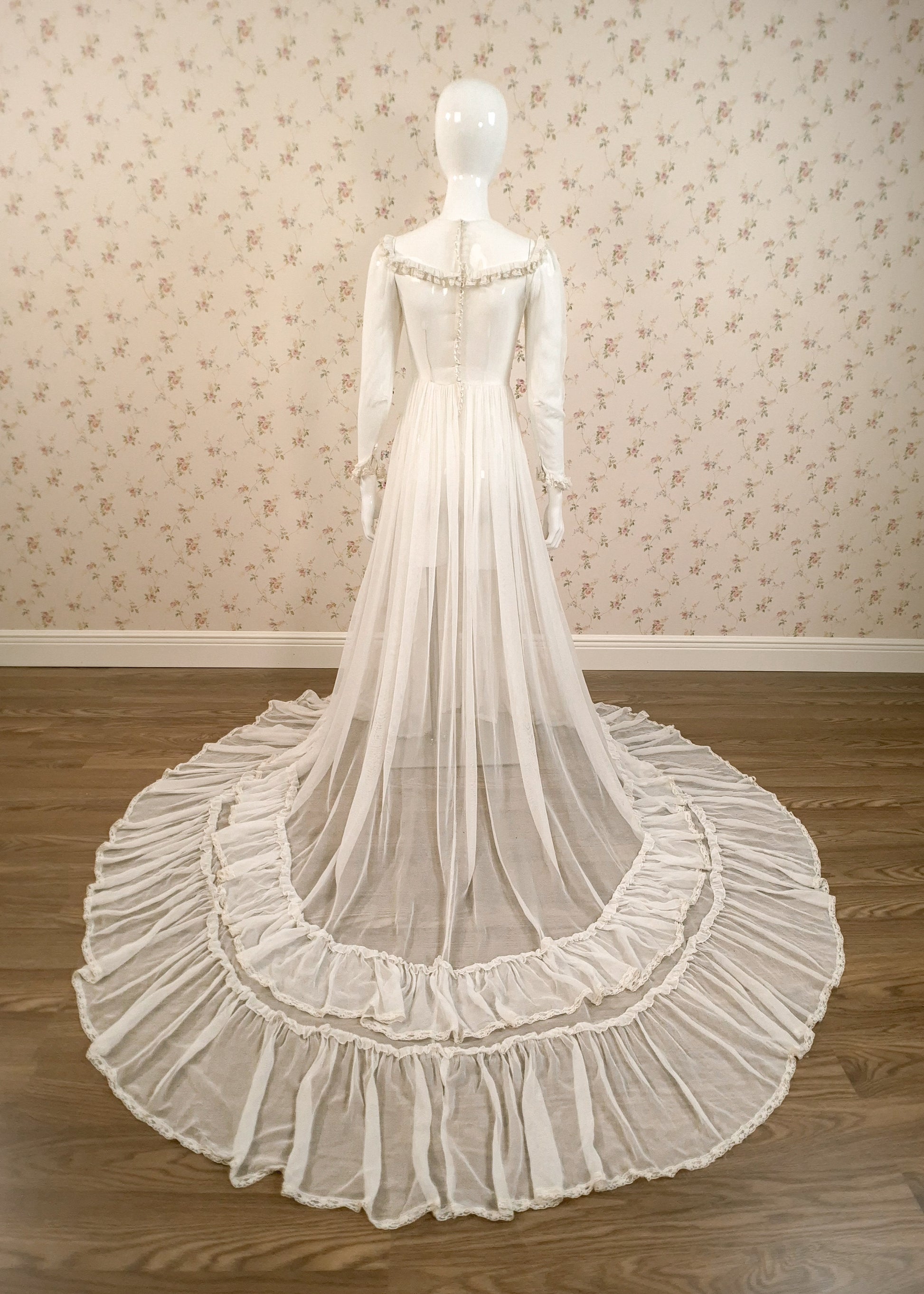 1940s Silk Georgette Sheer Wedding Dress W/Trailing Train - Little Rose Bridal