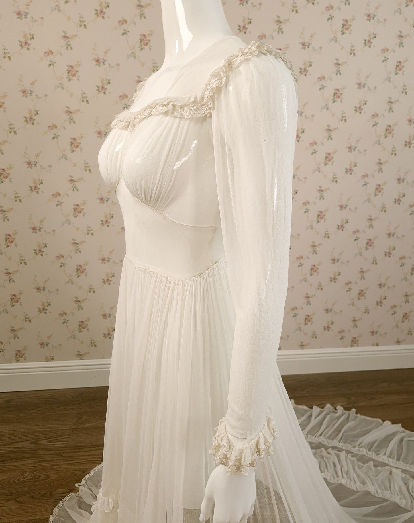 1940s Silk Georgette Sheer Wedding Dress W/Trailing Train - Little Rose Bridal