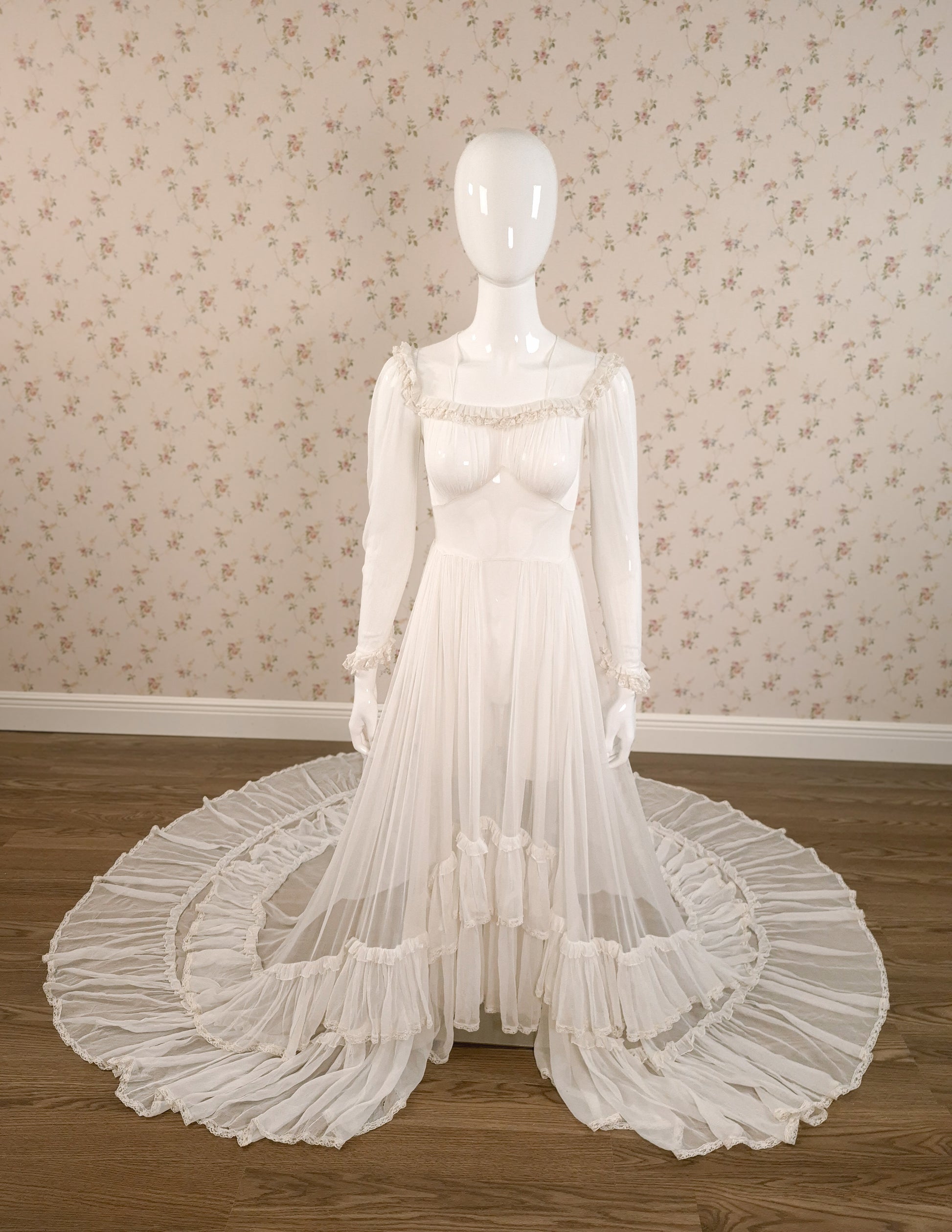 1940s Silk Georgette Sheer Wedding Dress W/Trailing Train - Little Rose Bridal
